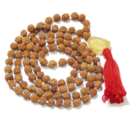Picture of Rudraksha Mala mit facettiertem Citrin-Trommelanhänger