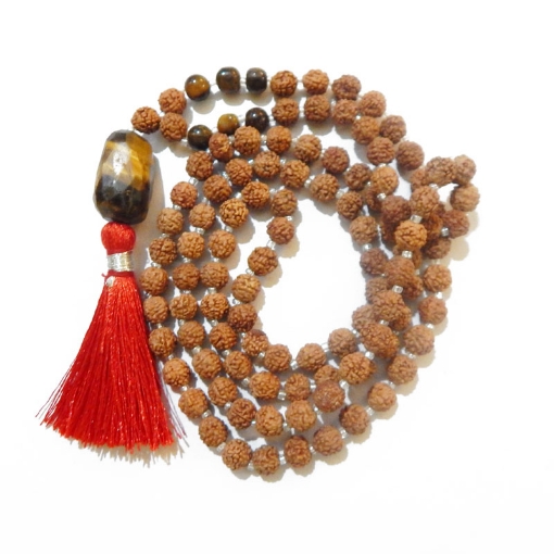 Picture of Rudraksha Mala mit facettiertem Tigerauge-Trommelanhanger und Tigerauge-Perlen