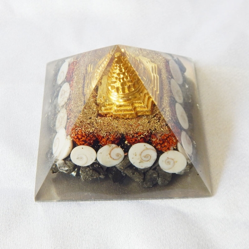 Orgone Pyramid, Pyrite, Gomti Chakra and Shri Yantra